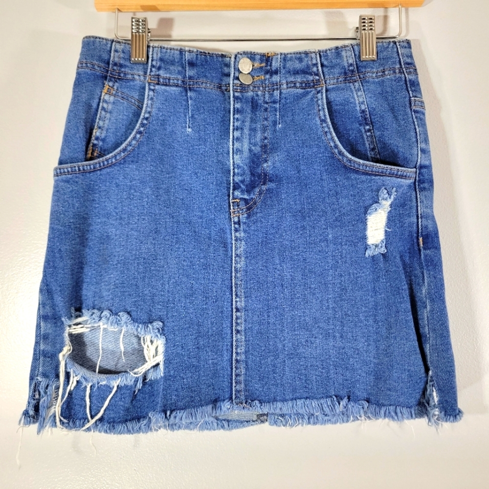 FREE PEOPLE distressed denim jean mini skirt with back buckle